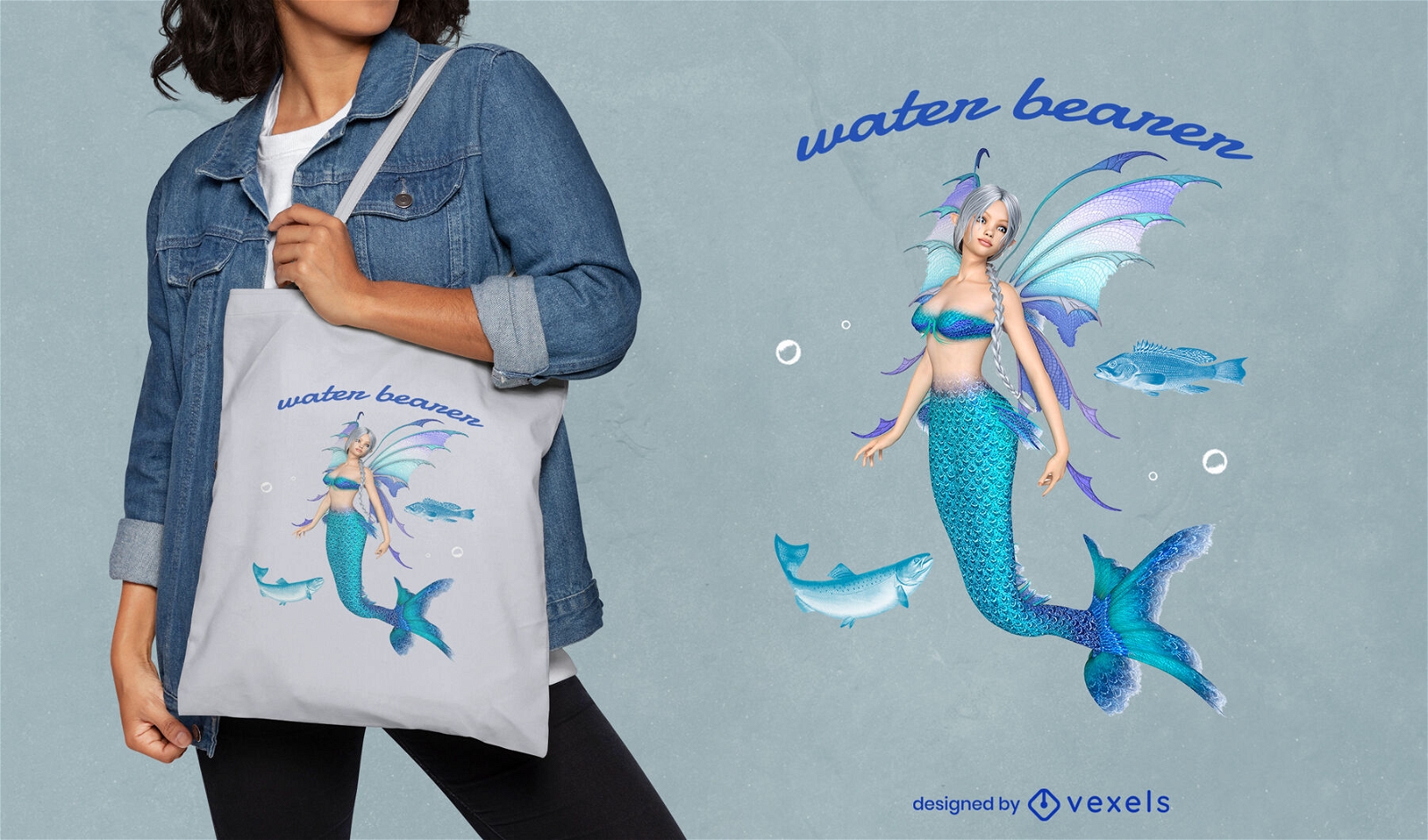 Diseño de bolso tote sirena y peces 3D