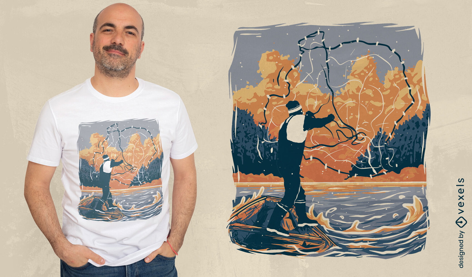 Diseño de camiseta de red de pescado pescador