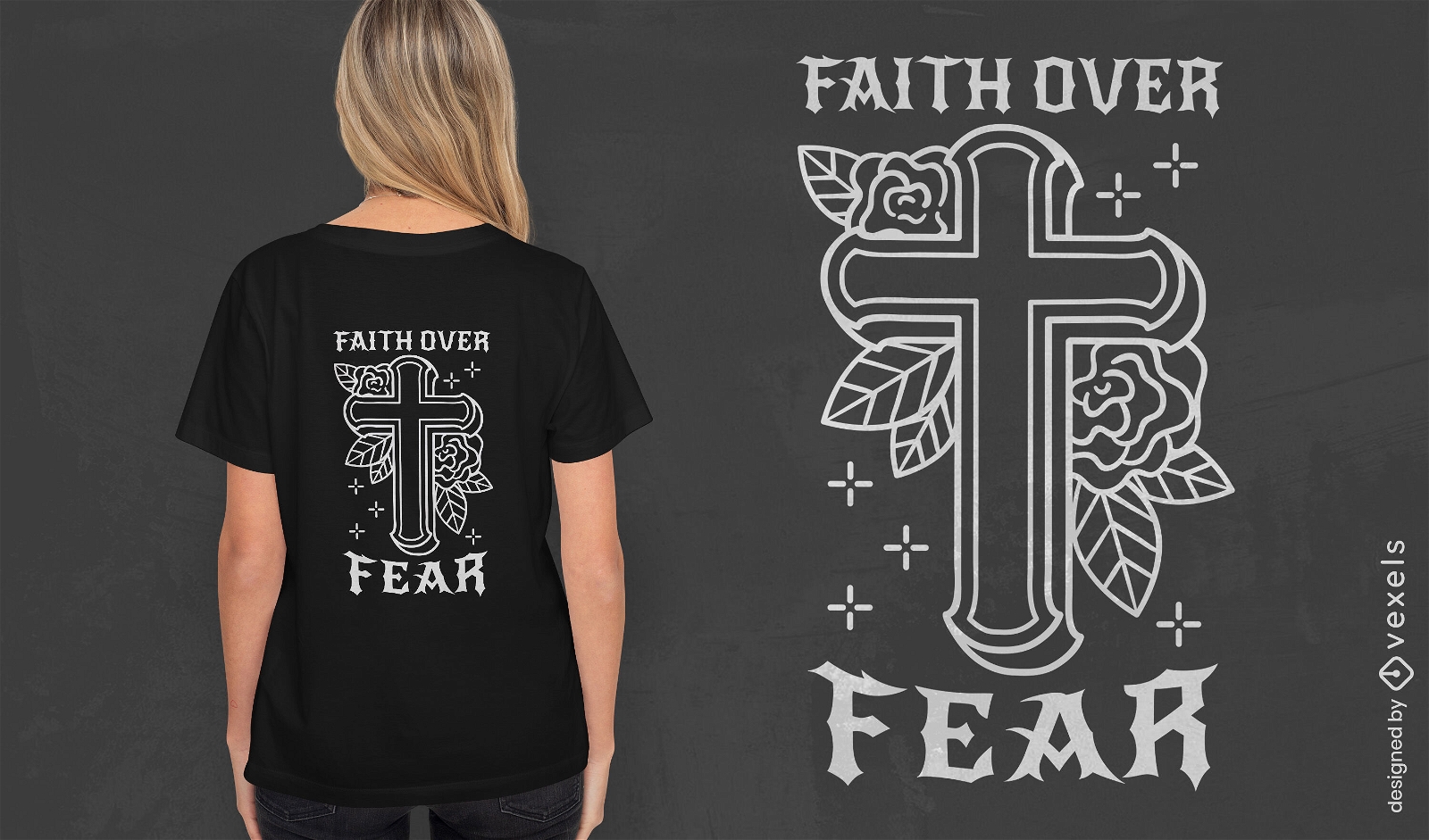 Diseño de camiseta con cruz floral de fe.