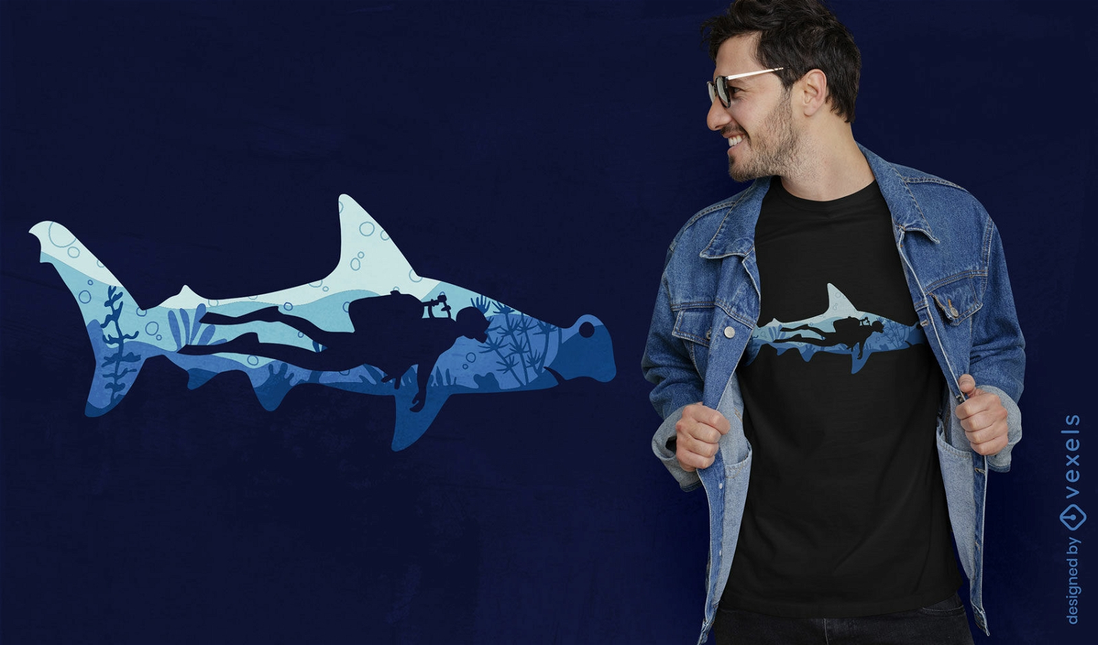 T-Shirt-Design mit Hammerhai und Taucher