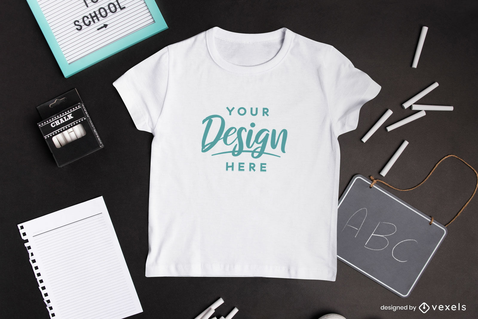 Kids t-shirt with chalk and notebook mockup