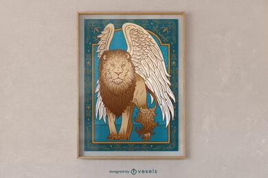 Animal de leão com design de cartaz de asas de anjo