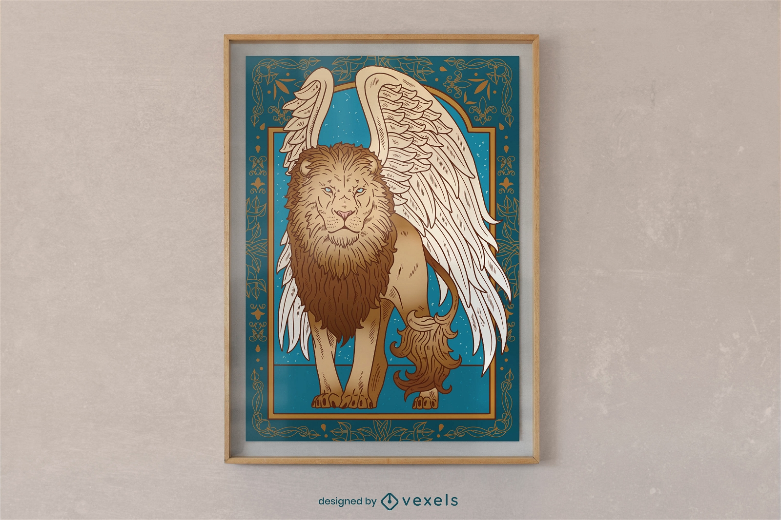 Animal león con diseño de cartel de alas de ángel.