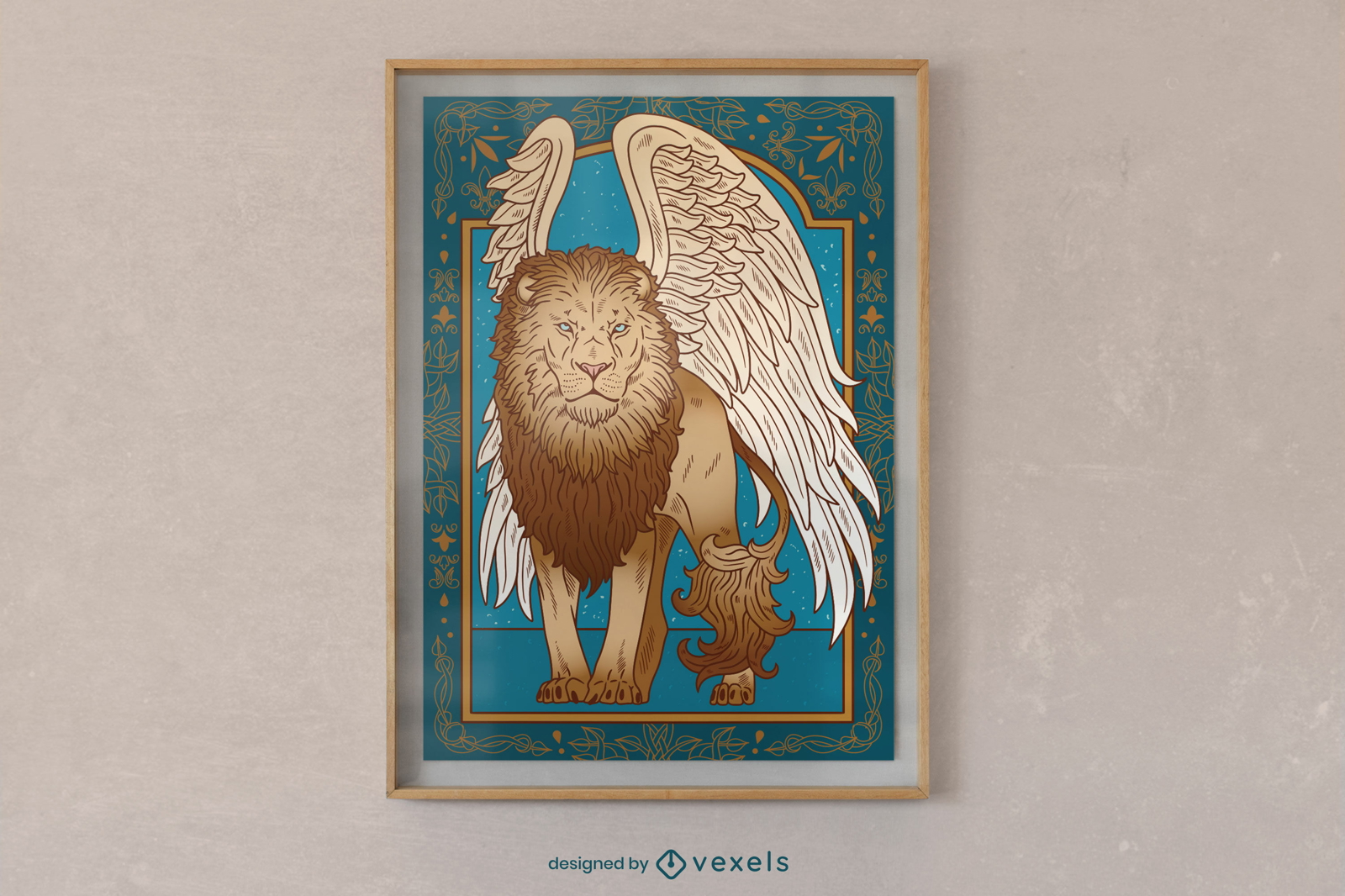 Animal leão com design de cartaz de asas de anjo