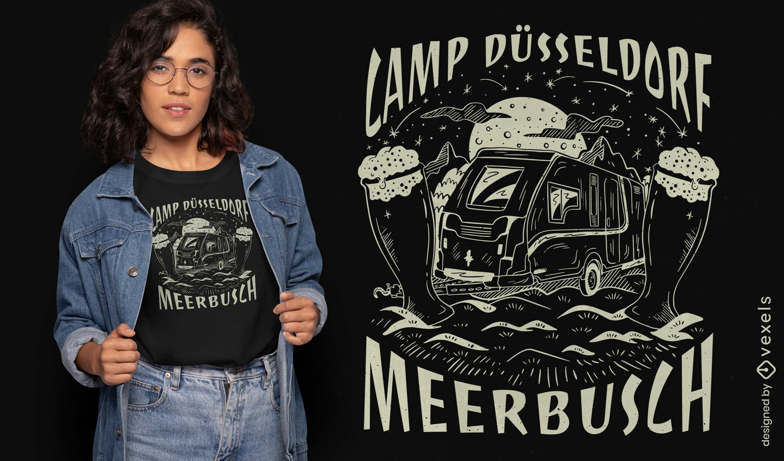 Diseño de camiseta de cerveza y furgoneta de camping.