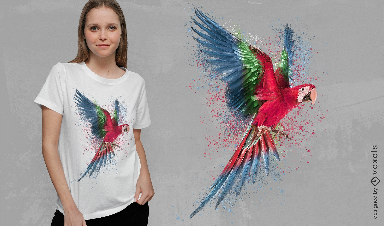 Papagaio com gotas de design de camiseta colorida