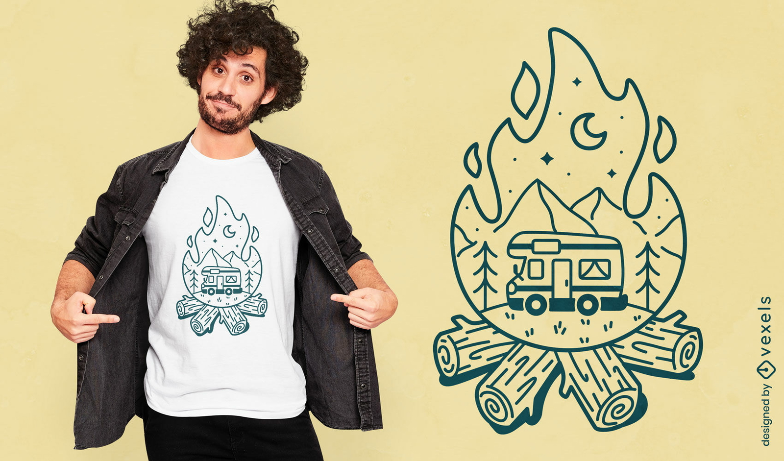 Caravana en diseño de camiseta de camping hoguera.