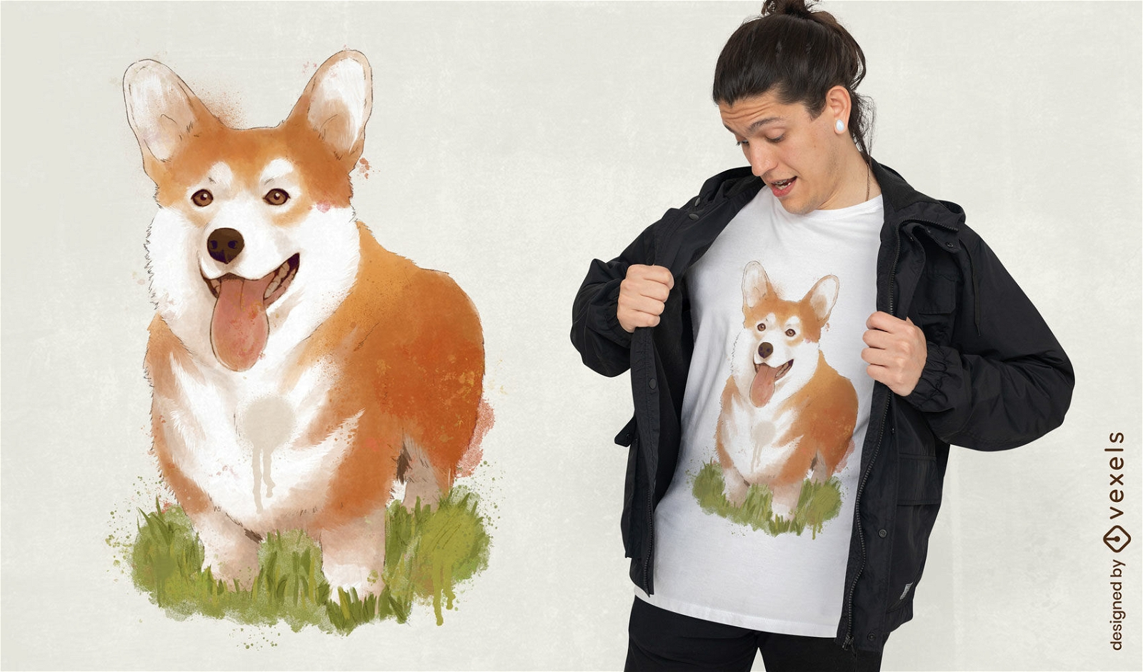 Design de camiseta em aquarela de cachorro corgi bonito