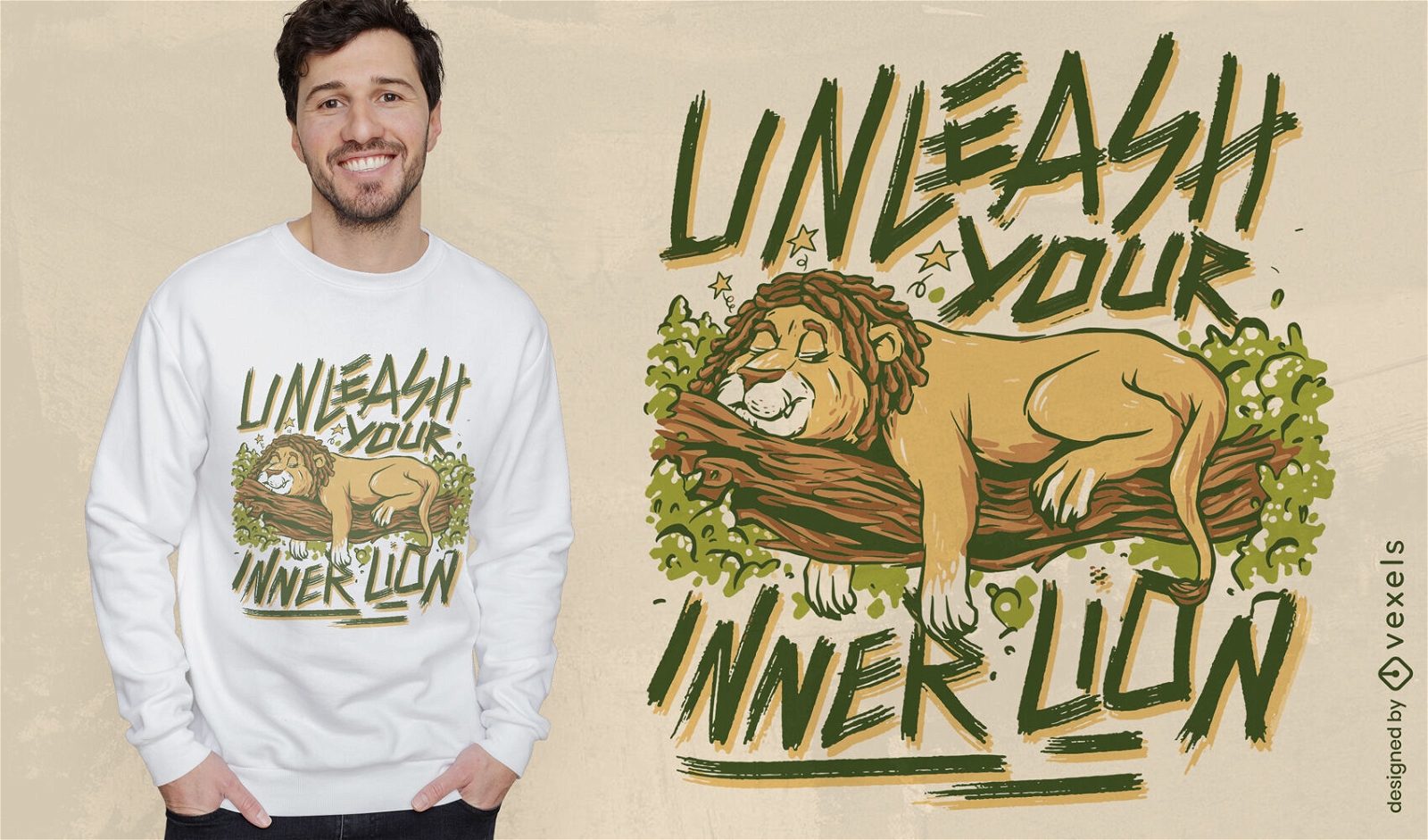 Animal leão dormindo no design de camiseta de galho