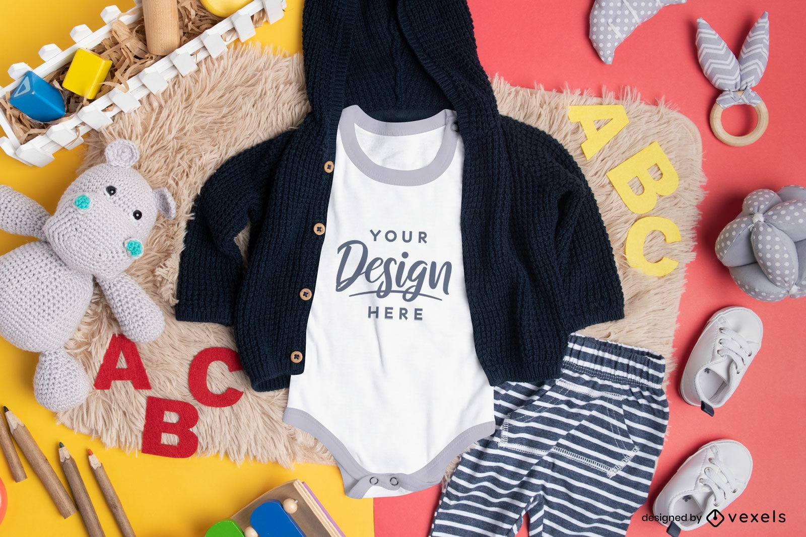 Baby onesie with jacket and toys mockup