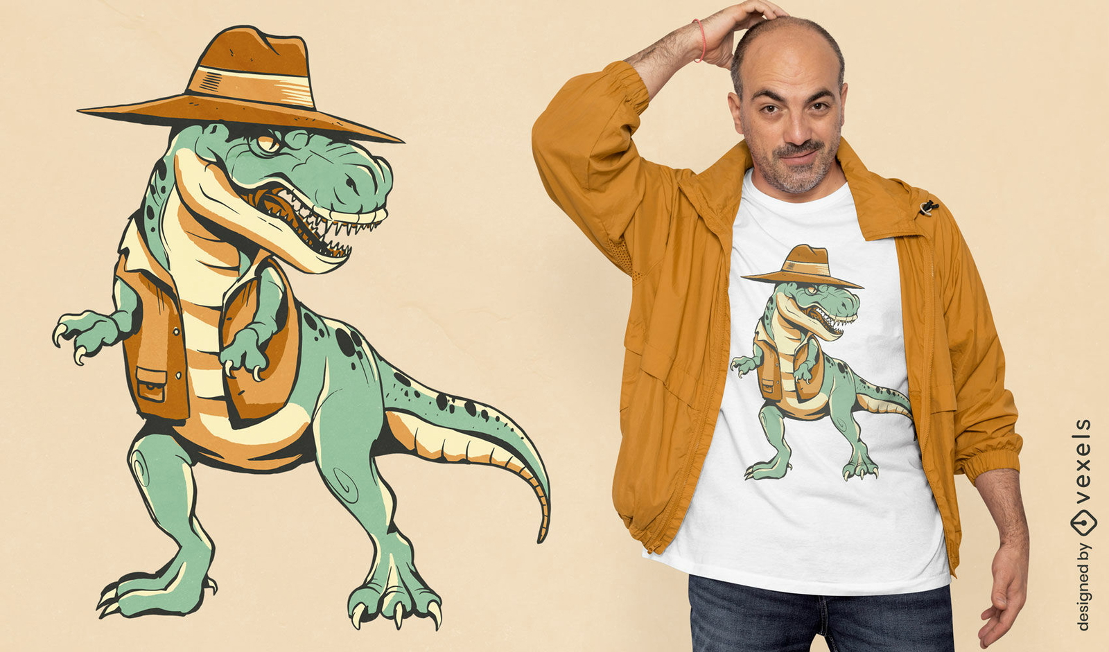 Diseño de camiseta de dinosaurio T-rex con sombrero