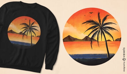 Diseño de camiseta de paisaje de playa al atardecer.