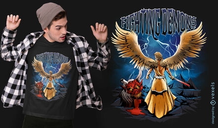 Diseño de camiseta de ángel con espada y ángeles.