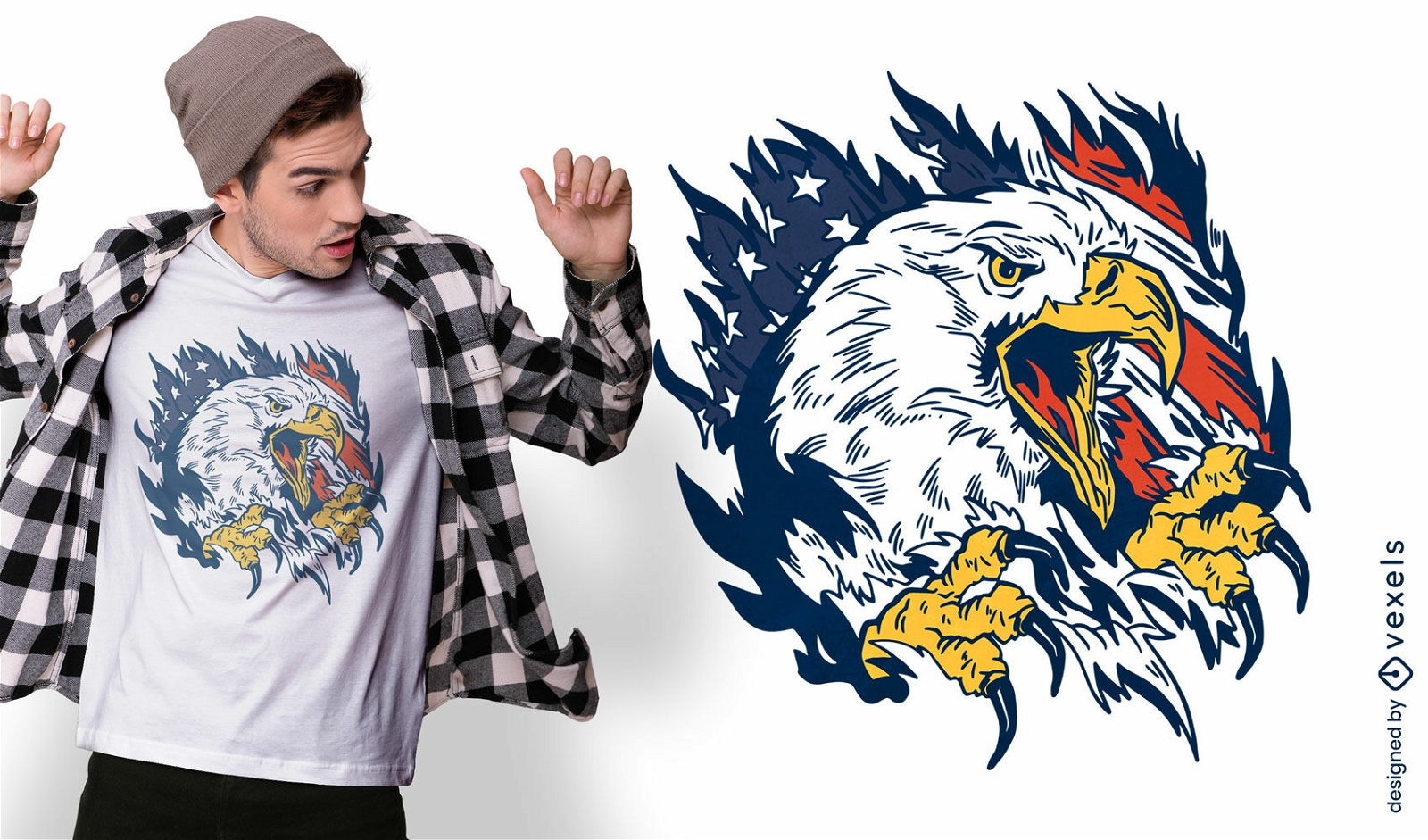 Diseño de camiseta de águila pájaro y bandera americana