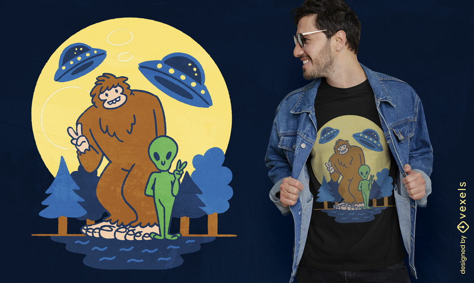 Pé grande e design de camiseta de paz alienígena