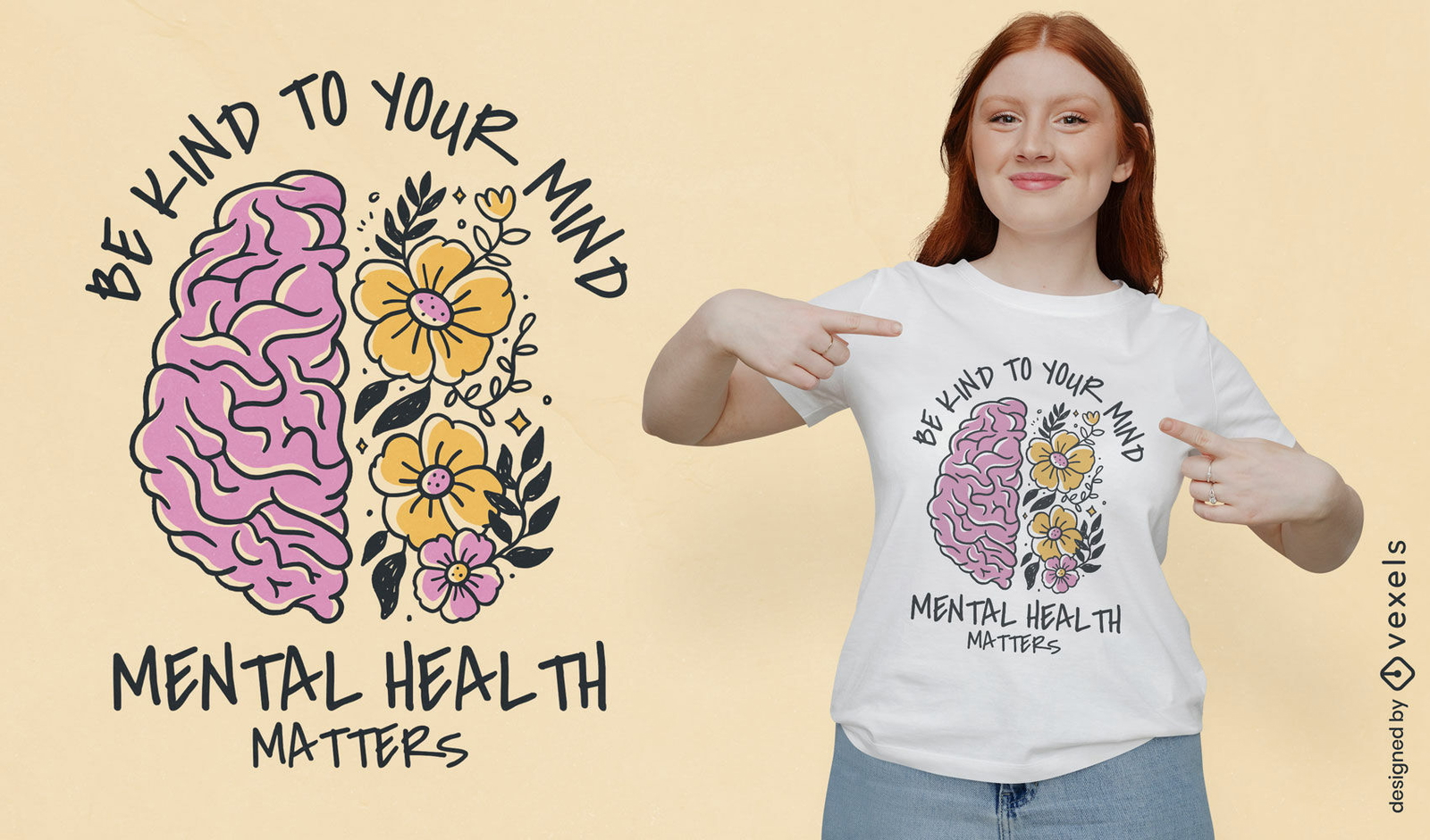 T-Shirt-Design für psychische Gesundheit mit floralem Verstand