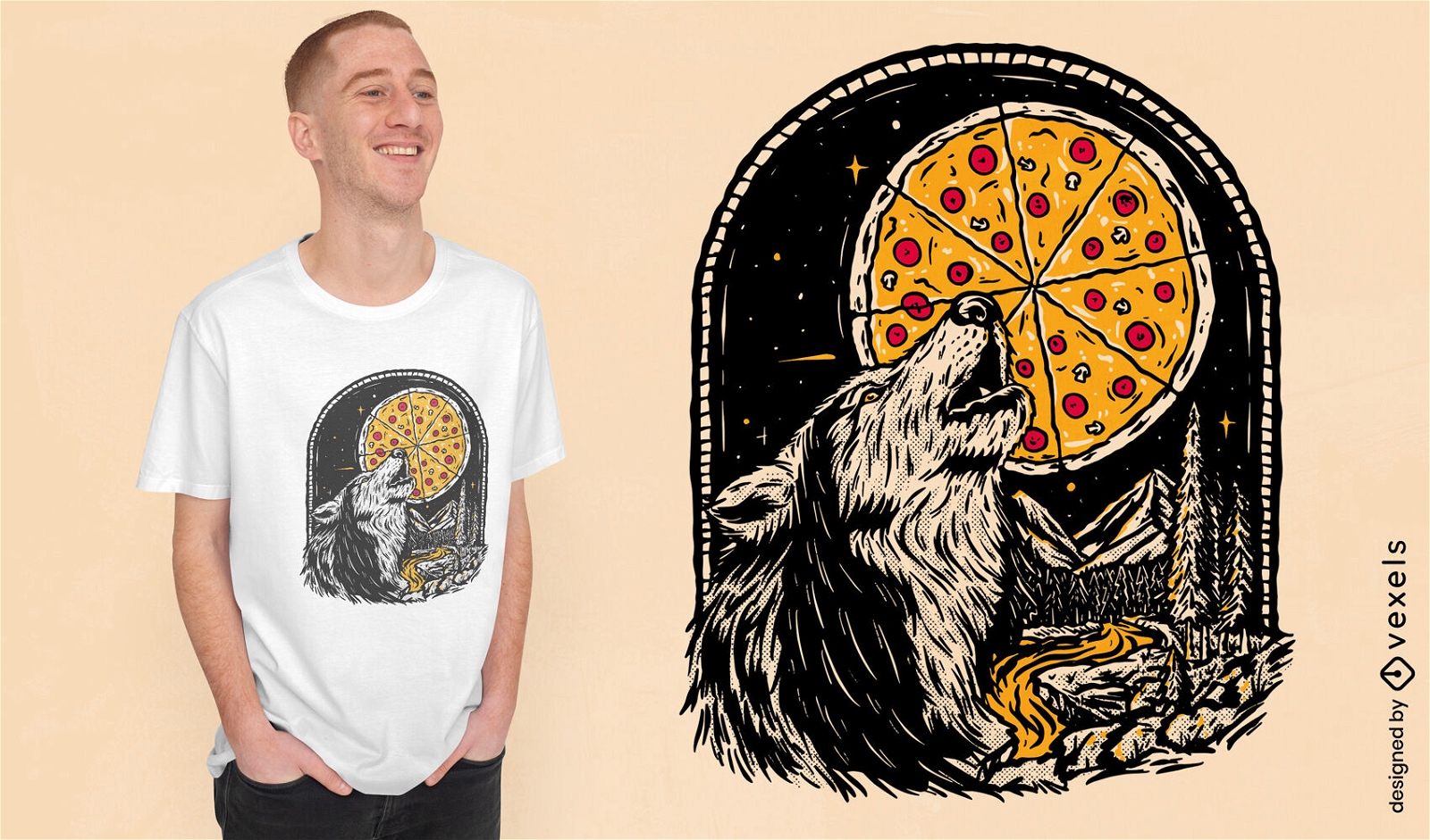 Wolf howling at full pizza moon t-shirt design