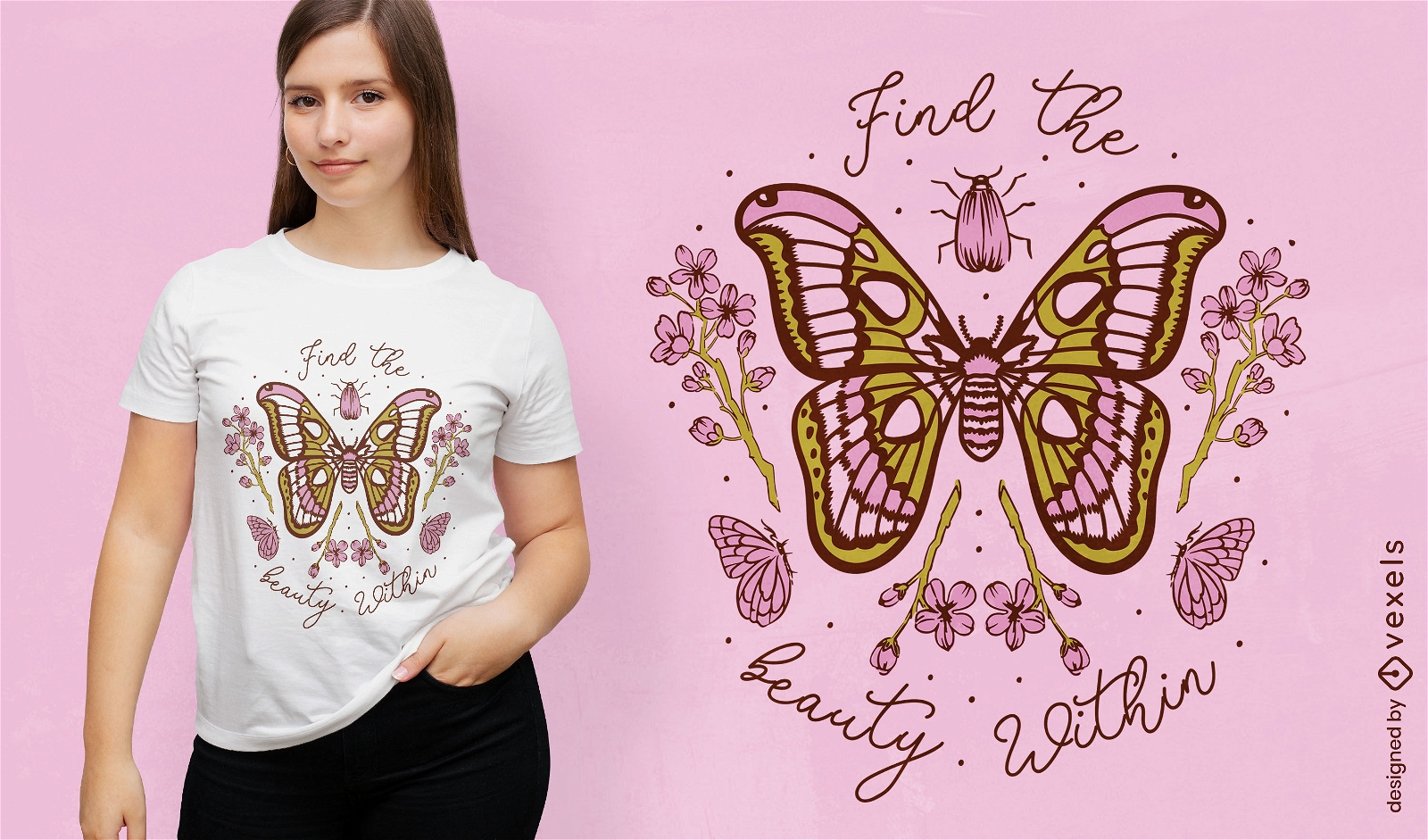Diseño de camiseta rosa mariposa y flores.