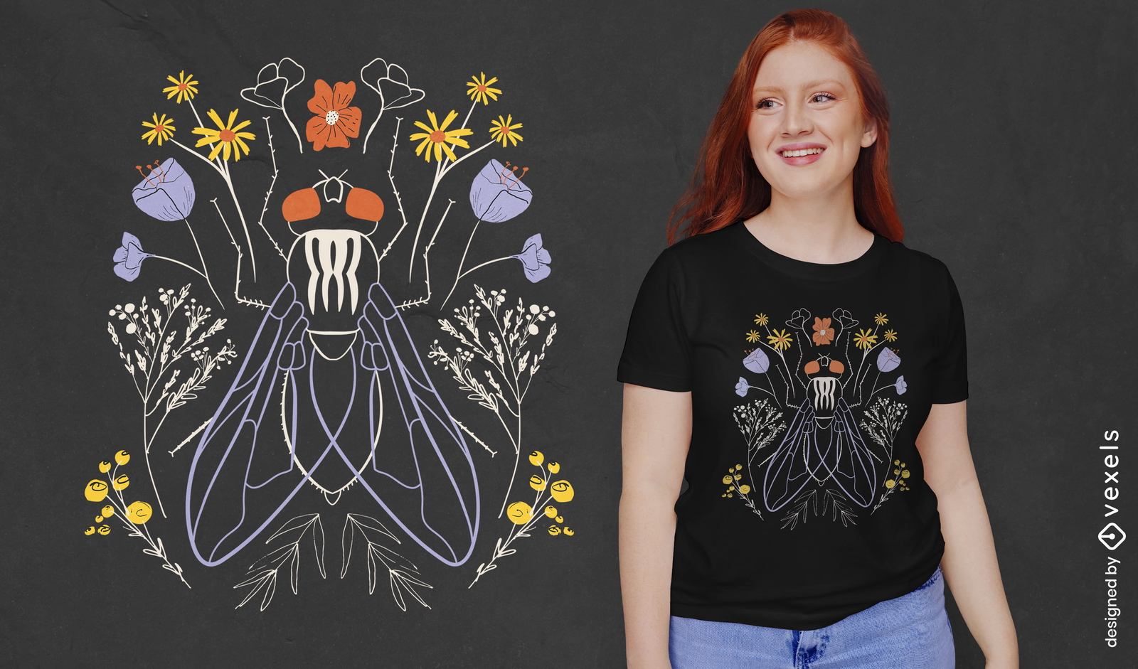 Diseño de camiseta de naturaleza de insectos y flores.