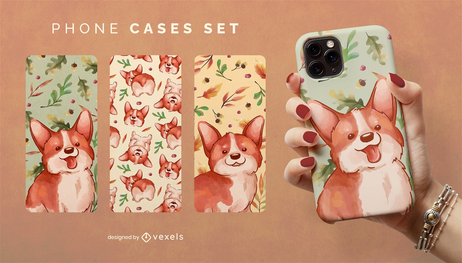 Happy corgi watercolor phone case set