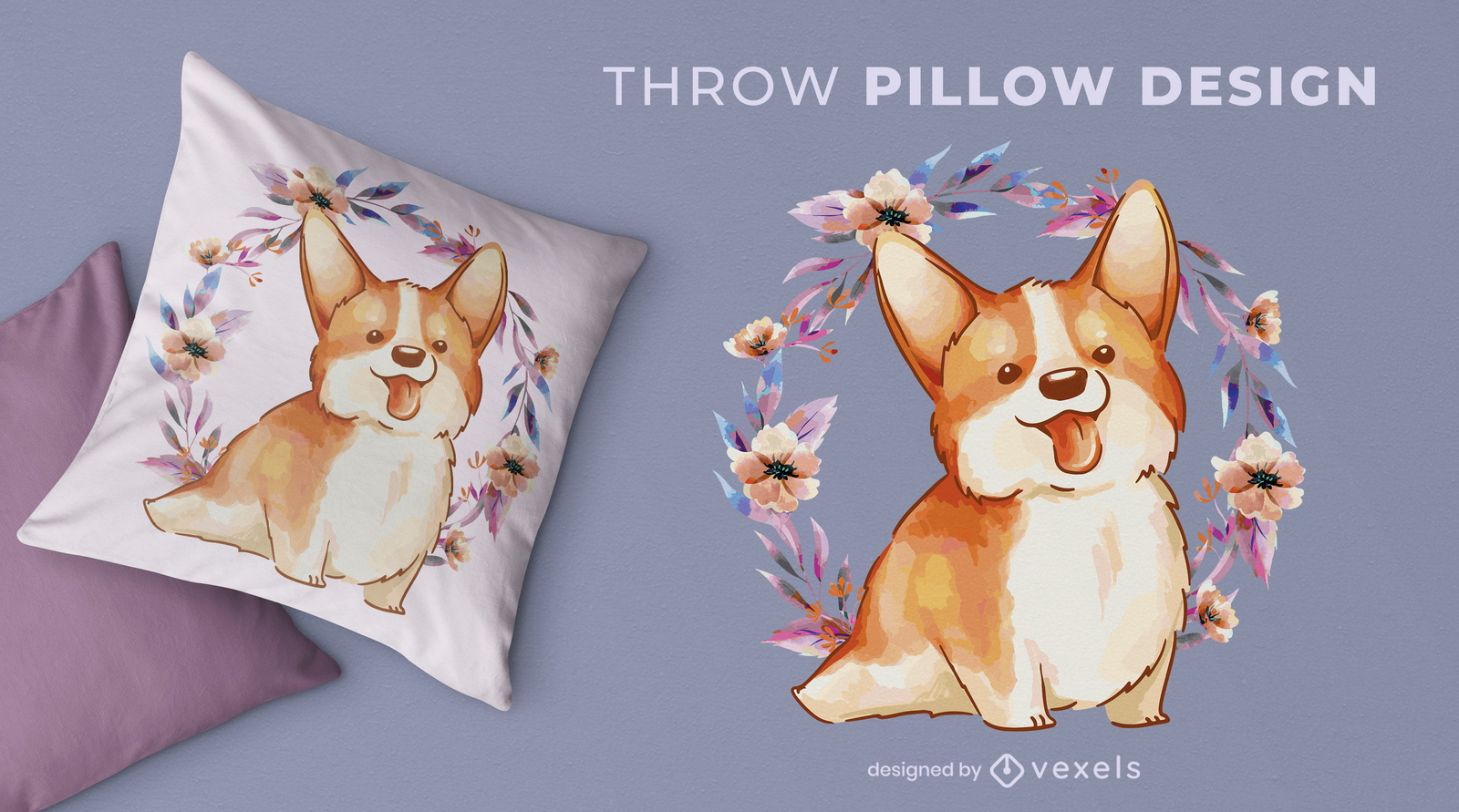 Diseño de almohada de tiro de acuarela de perro corgi feliz