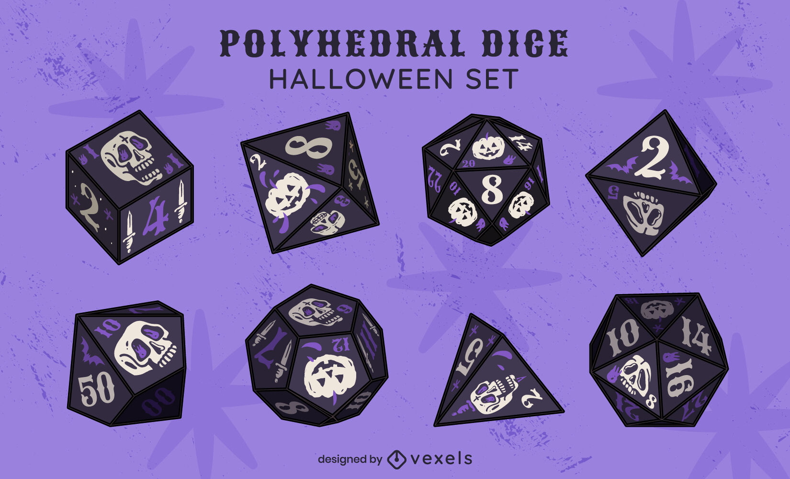 Juego de dados poliédricos D20 con temática de Halloween