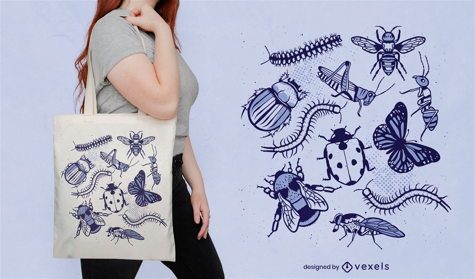 Diseño de bolso tote de insectos y animales.