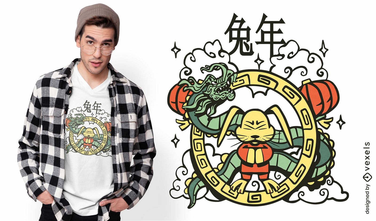 Diseño de camiseta de año nuevo chino de conejo.