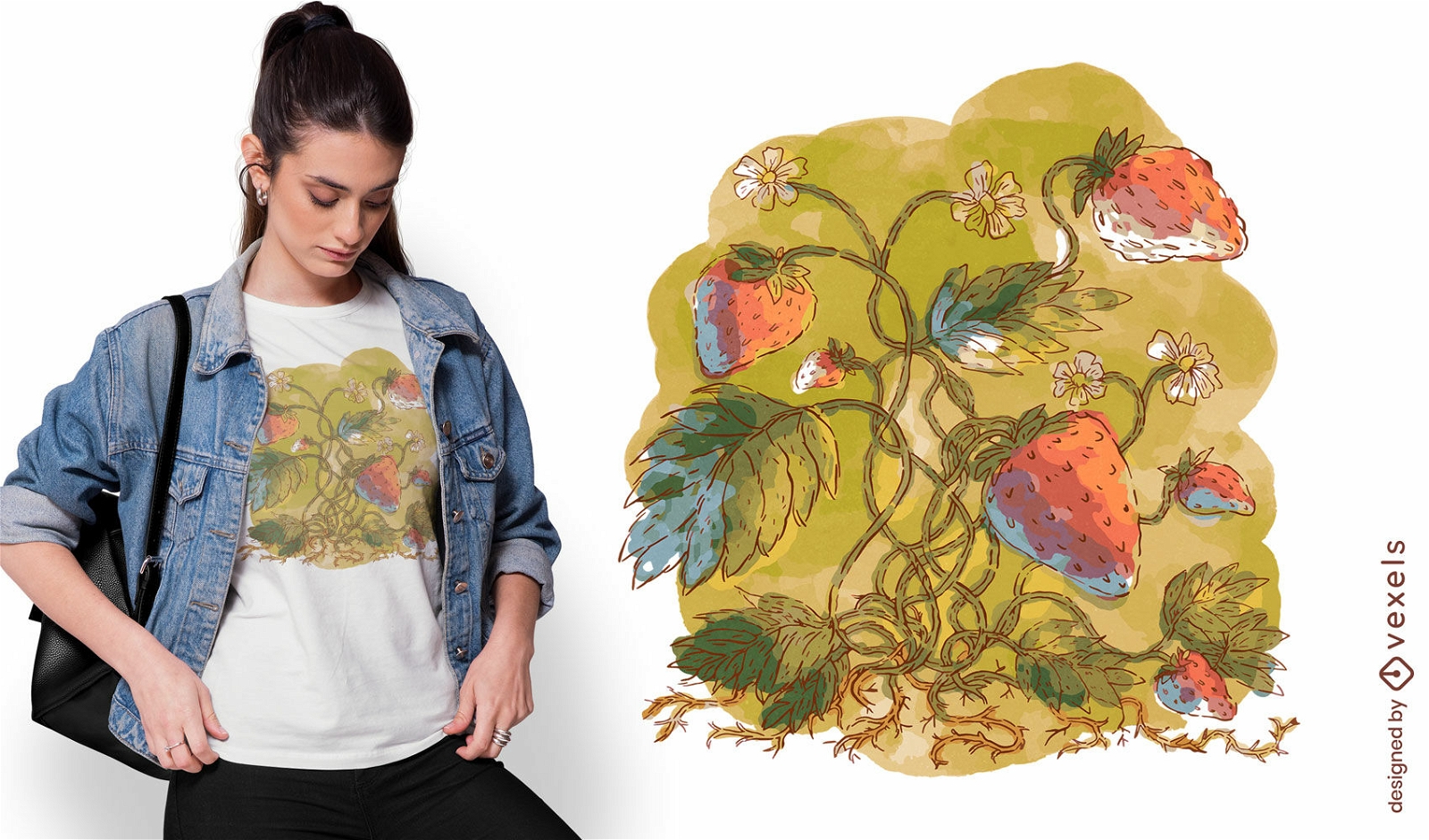 Design de camiseta de planta de morango em aquarela