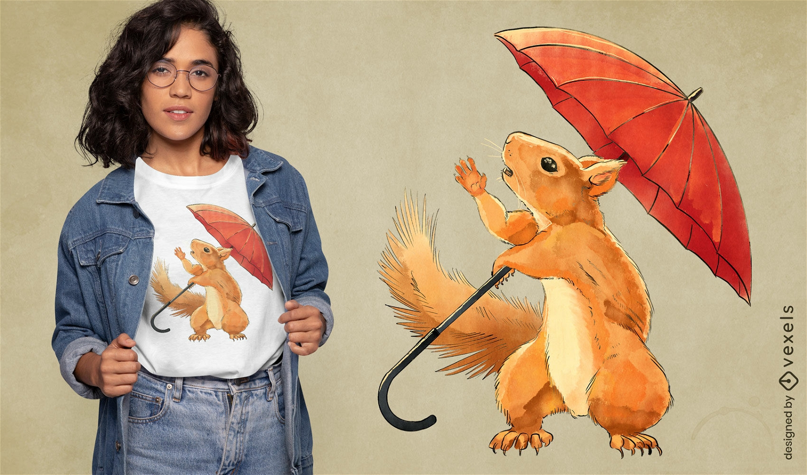 Esquilo aquarela segurando design de camiseta de guarda-chuva