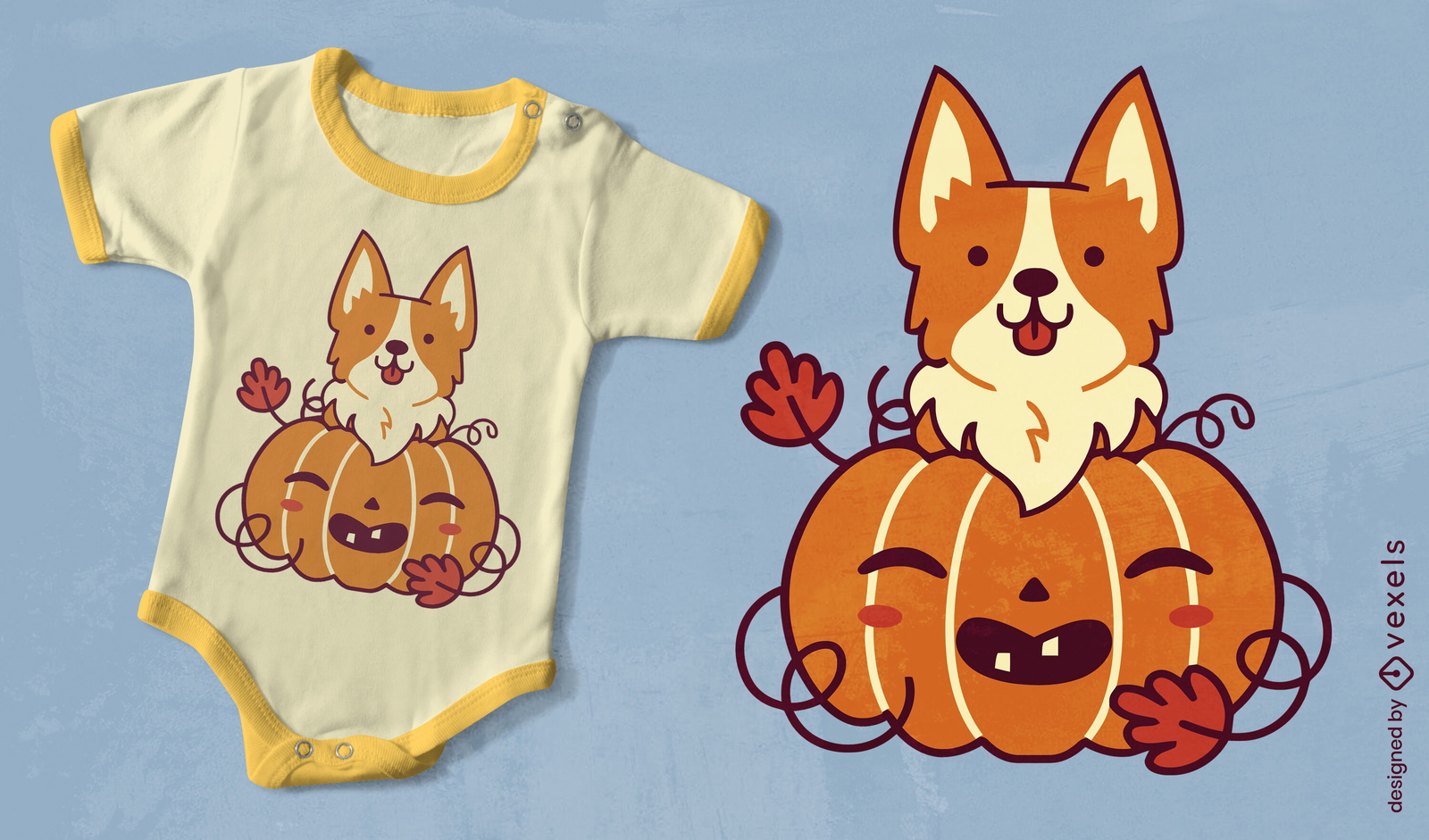 Design fofo de camiseta de cachorro corgi e abóbora