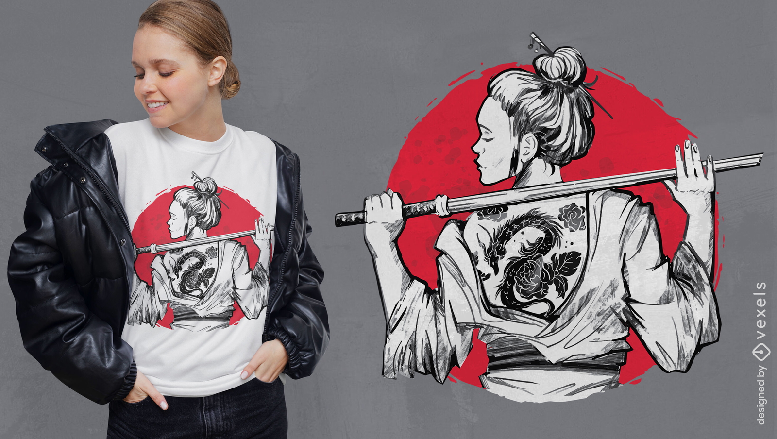 Samurai-Mädchen mit Rückentätowierungs-T-Shirt-Design