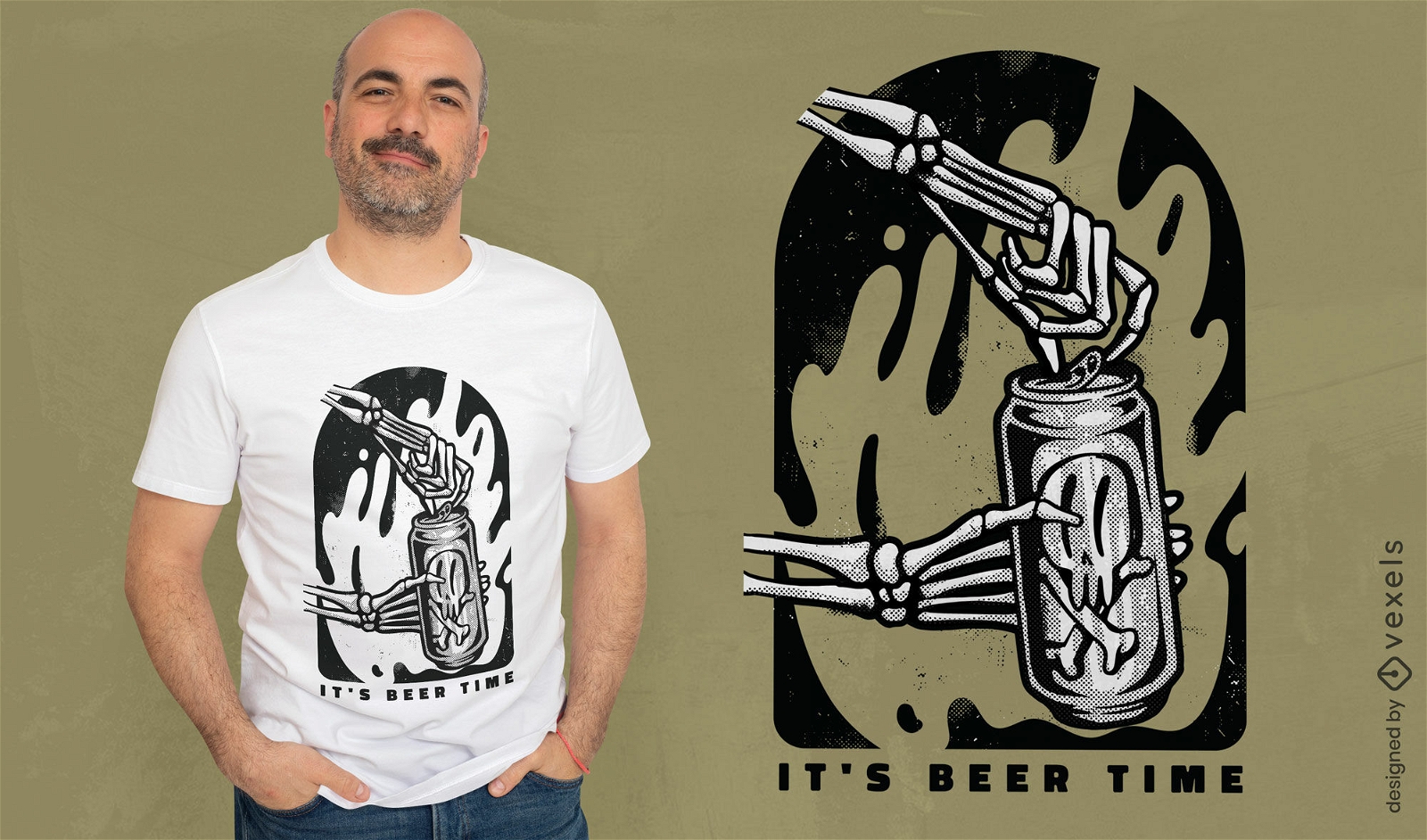 Design de camiseta de lata de cerveja de abertura de esqueleto