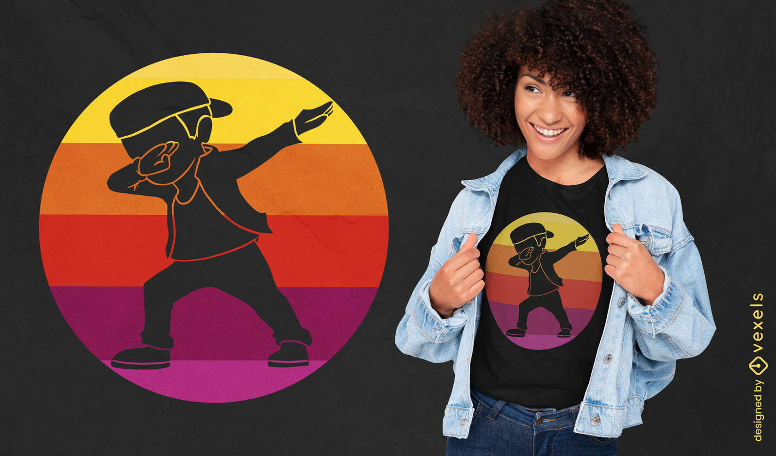 Diseño retro de camiseta de niño dabbing al atardecer