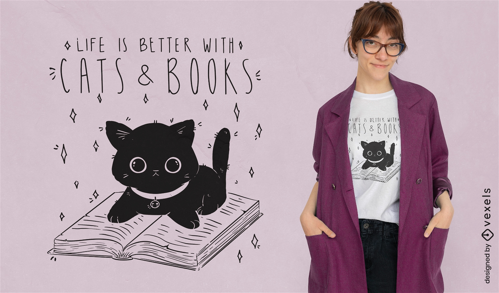 Diseño de camiseta de gatos y libros.