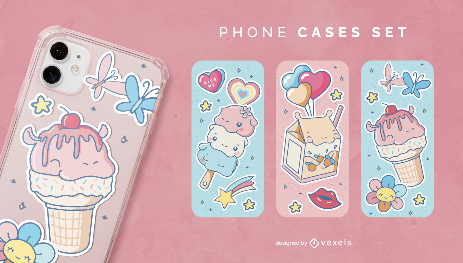 Conjunto de capas de telefone de comida de hipopótamo kawaii