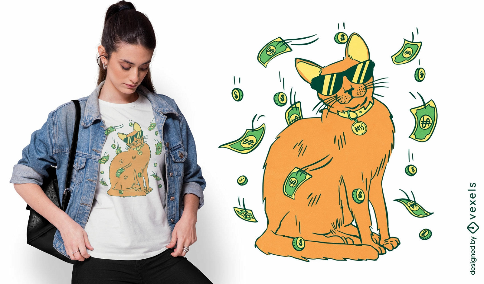 Diseño de camiseta de dibujos animados de gato de dinero
