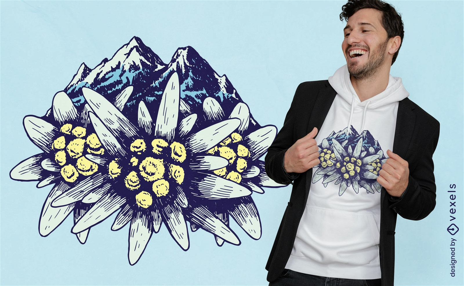 Design de t-shirt de natureza flores e montanhas