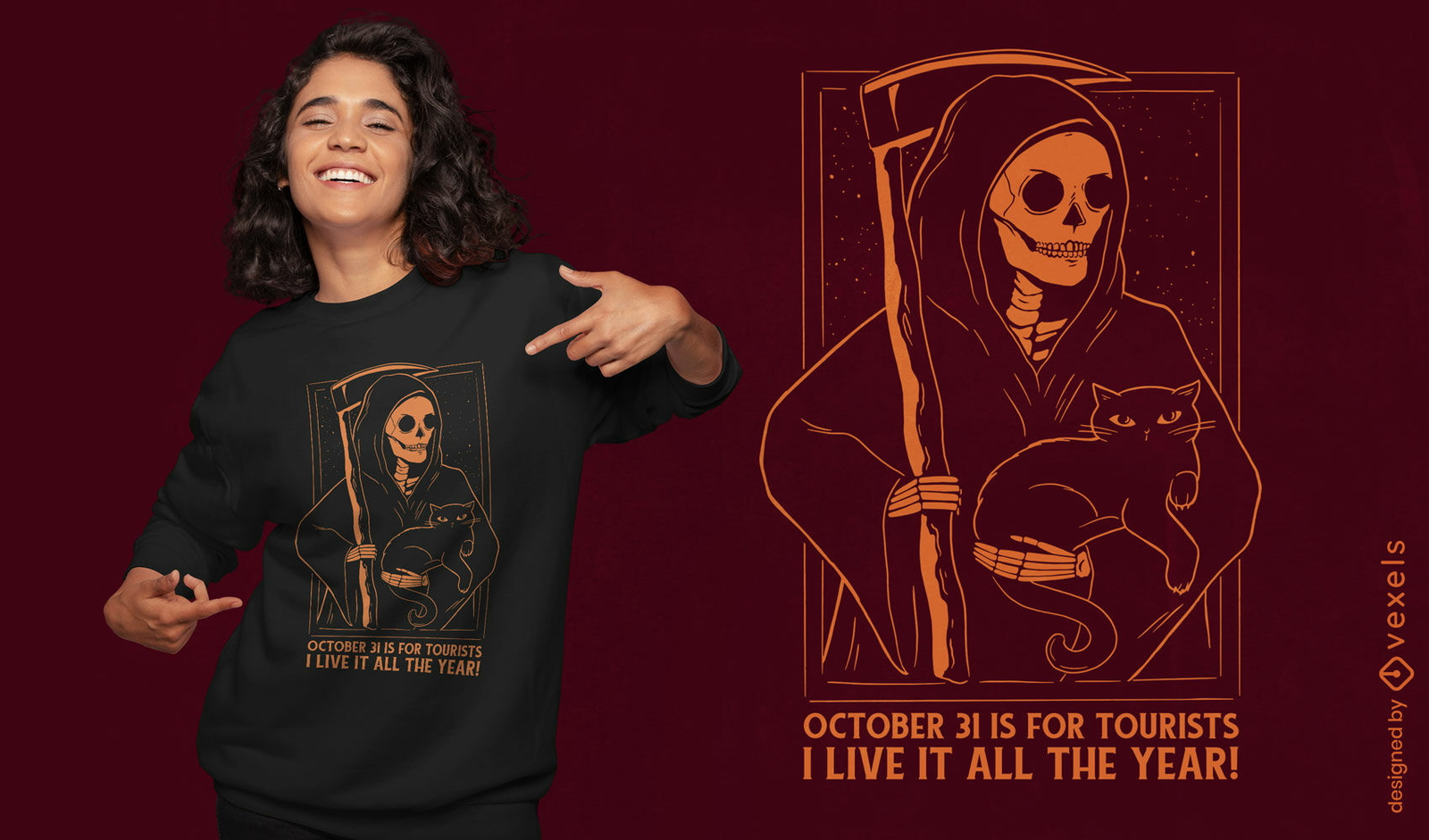 Diseño de camiseta Grim Reaper y gato negro.