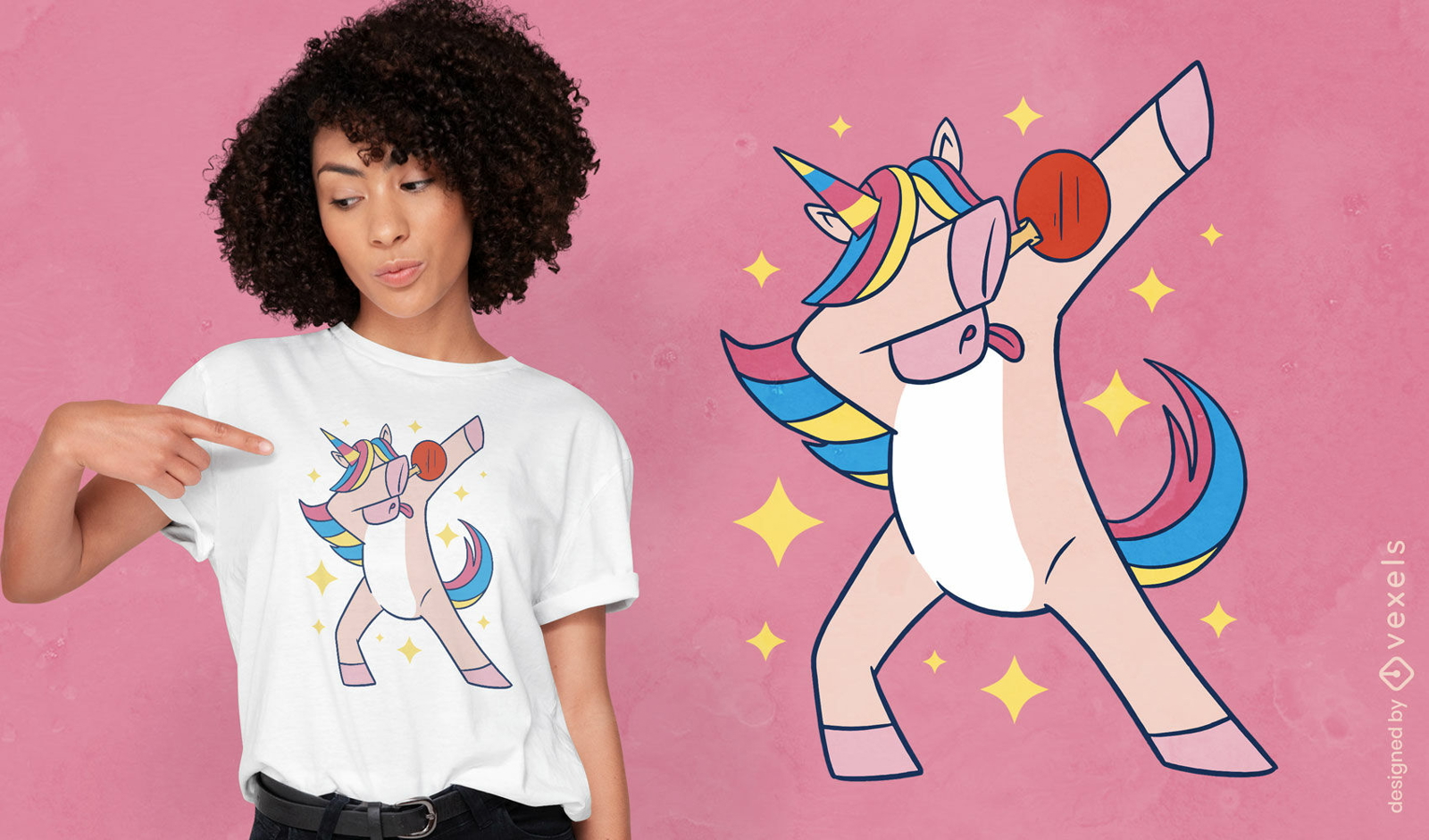 Dise?o de camiseta de unicornio y paleta de ping pong.