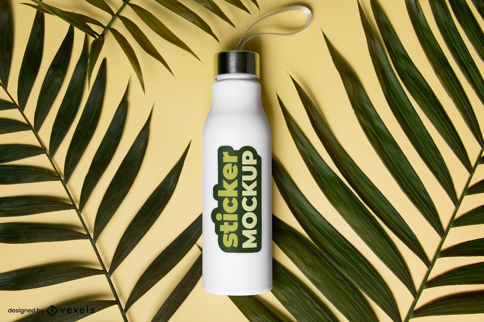 Water bottle with leaves and sticker mockup