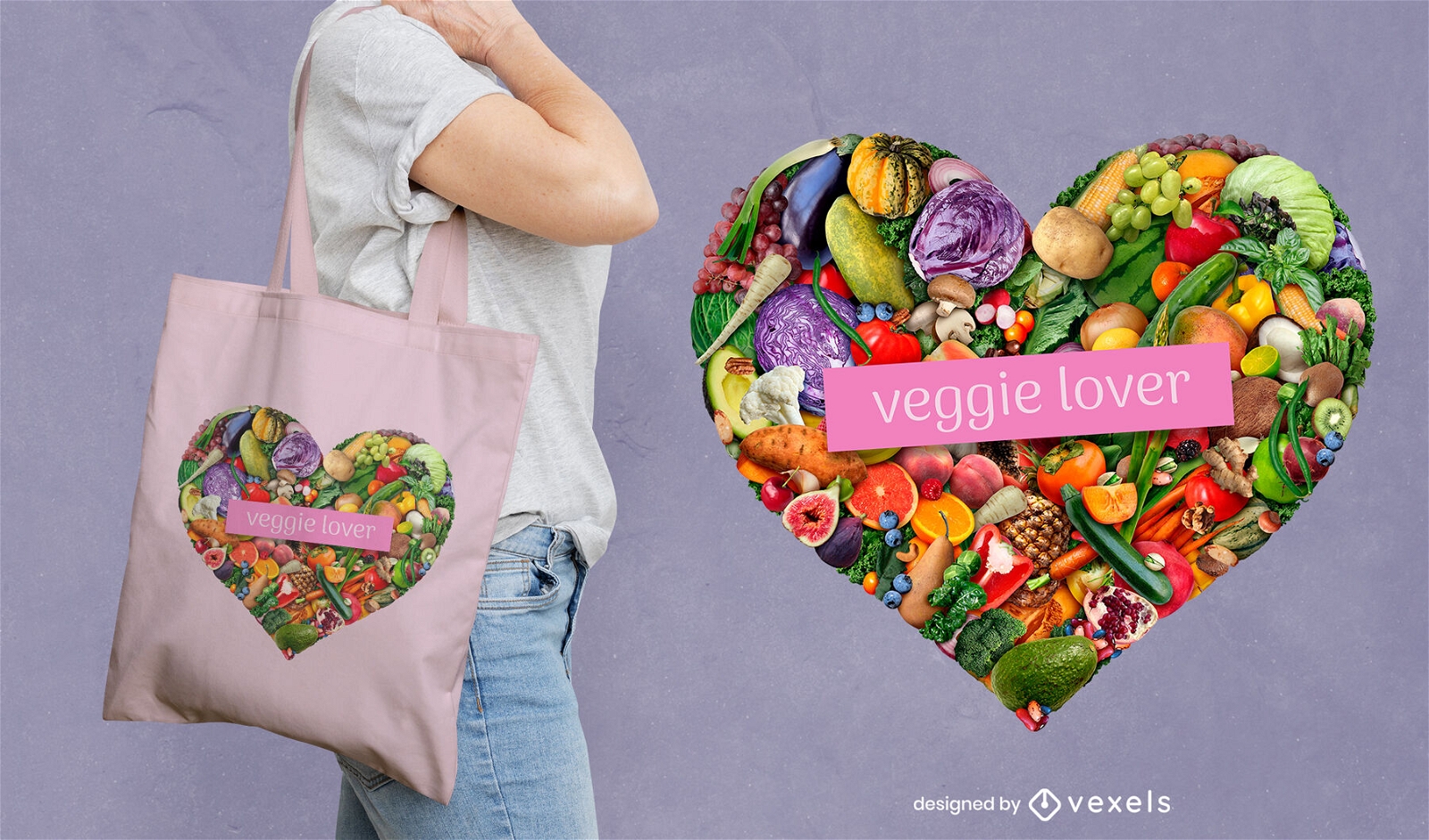 Diseño de bolsa de asas de alimentos saludables de verduras.