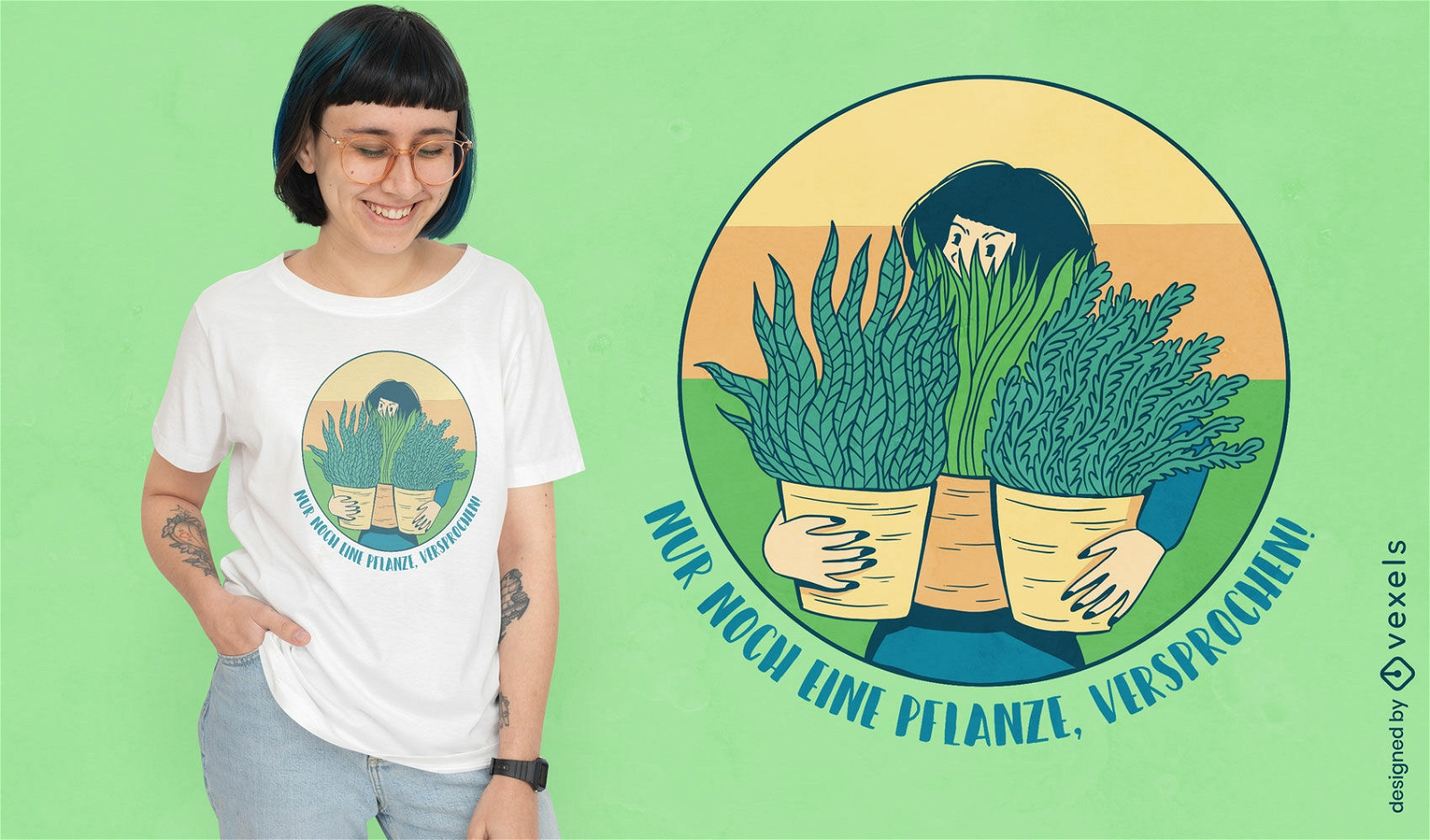 Mujer con diseño de camiseta de plantas en maceta.