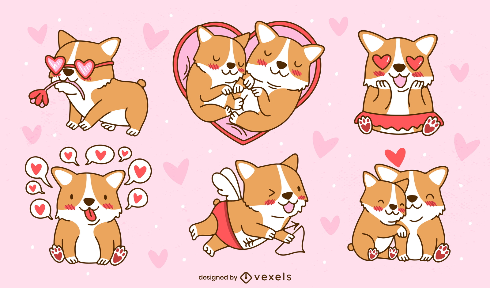 Conjunto de caracteres de perro corgi del día de san valentín