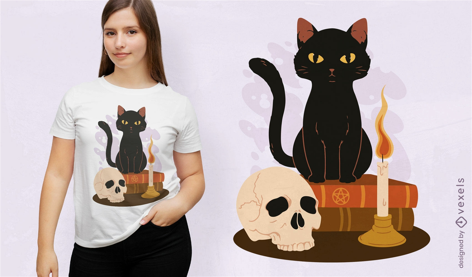 Animal de gato preto com design de camiseta de livros