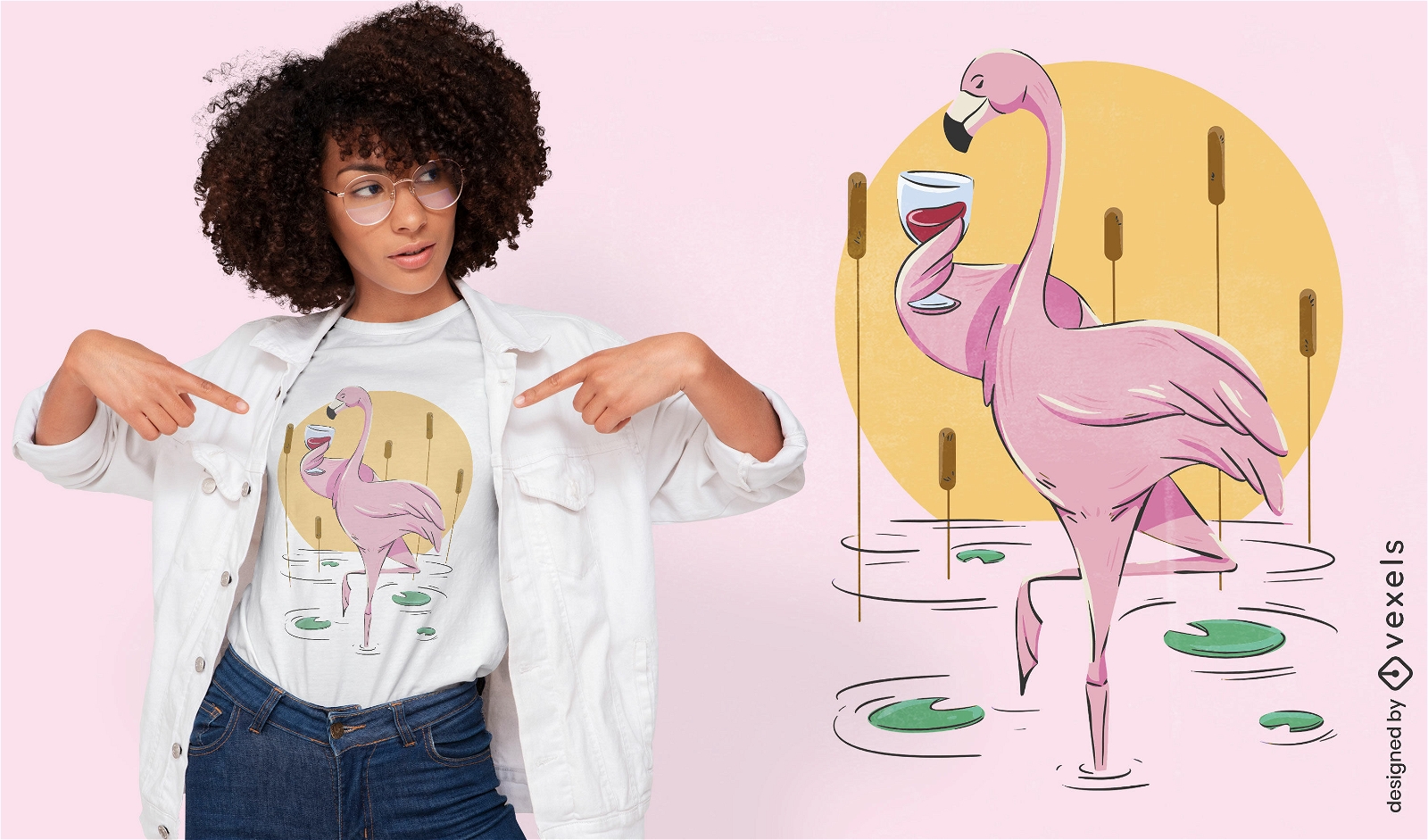Design de camiseta de vinho bebendo de p?ssaro flamingo