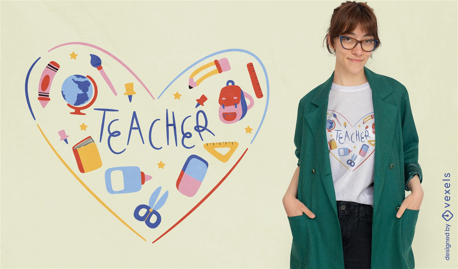 Corazón con diseño de camiseta de útiles escolares.