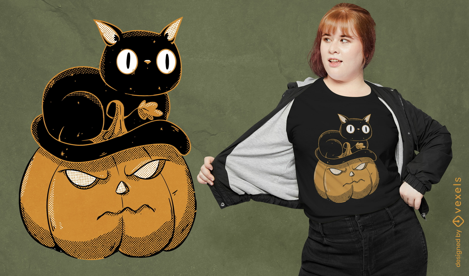 Gato negro en diseño de camiseta de calabaza de halloween