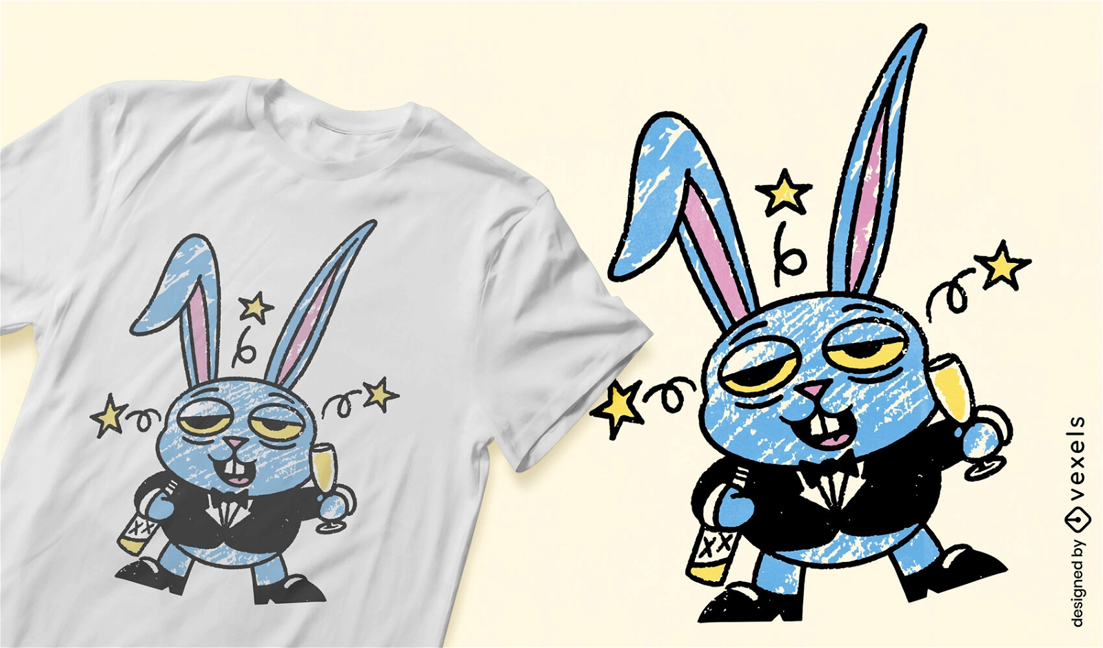 Design de camiseta com rabiscos de coelho bêbado