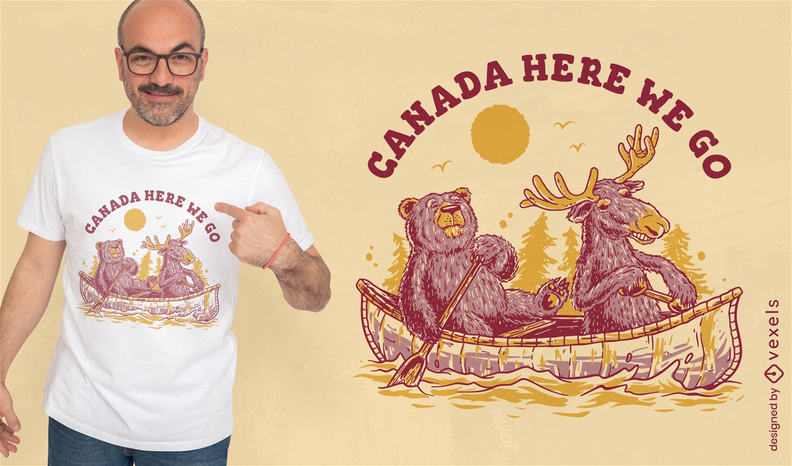 Design de camiseta canoa de alce e urso do Canadá